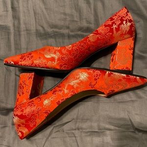 Chinese Asian wedding qipao red block heel embroidered dragon east meets dress